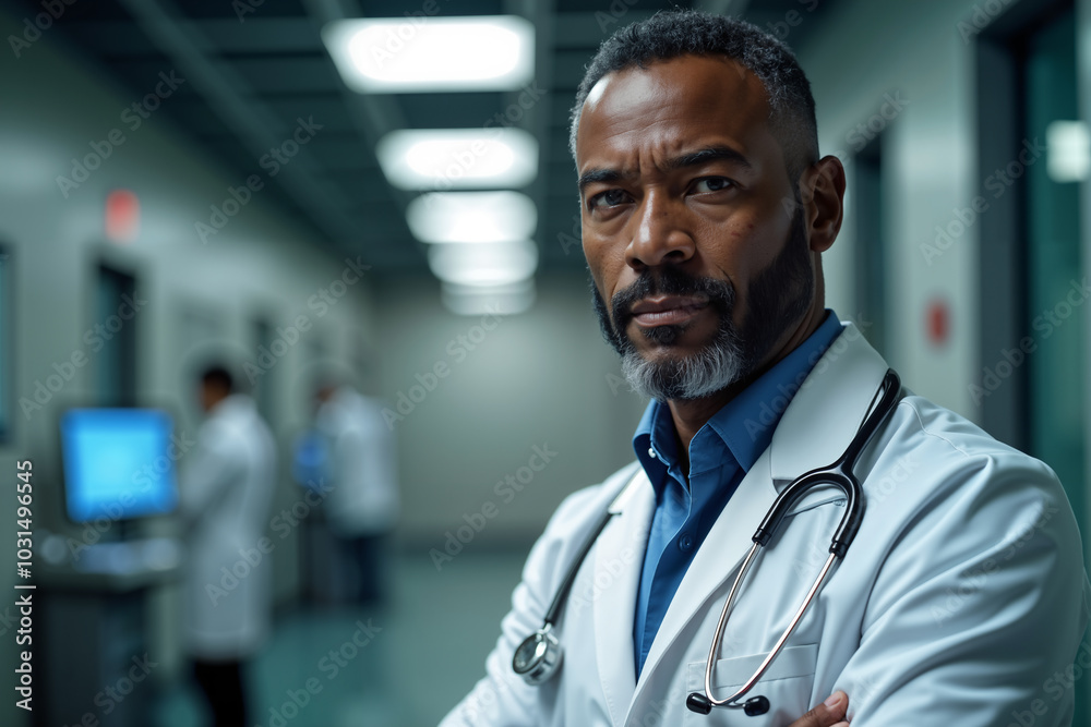 Man with a beard and mustache, wearing a white lab coat over a blue shirt, stands confidently in a hospital corridor, looking directly at the camera. Man with a beard and mustache, wearing a white lab coat over a blue shirt, stands confidently in a hospital corridor, looking directly at the camera.