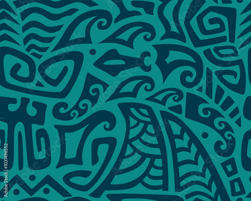 Tiki seamless pattern. Aztec textile print.Geometric, vector background. Suitable for printing on fabric and paper, for Hawaiian parties. 