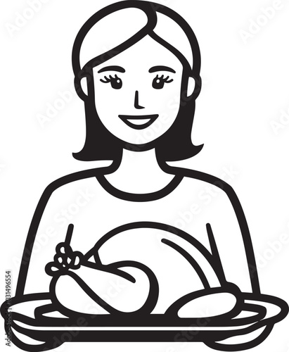 Smiling woman holding a tray with roasted turkey for thanksgiving clean simple icon outline black