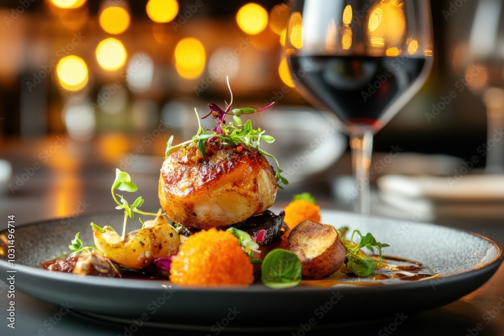 Rustic Dining Scene with Gourmet Dish and Wine Rustic Dining Scene with Gourmet Dish and Wine