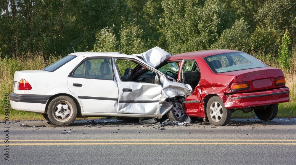 Damaged car: the wreckage left behind from a crash, with dented panels and broken headlights, the stark reality of vehicular mishaps and the journey from devastation to recovery. Damaged car: the wreckage left behind from a crash, with dented panels and broken headlights, the stark reality of vehicular mishaps and the journey from devastation to recovery.