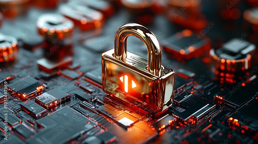 Golden Padlock on Circuit Board   Cybersecurity Concept