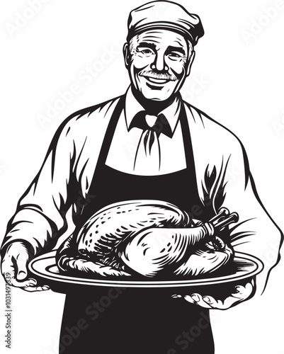 Smiling senior man holding a tray with roasted turkey for thanksgiving clean simple vector silhouette black