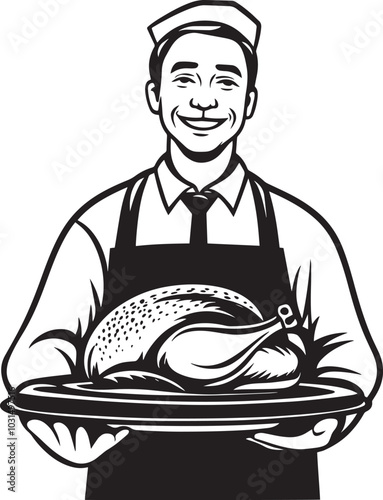 Smiling senior man holding a tray with roasted turkey for thanksgiving clean simple icon silhouette black