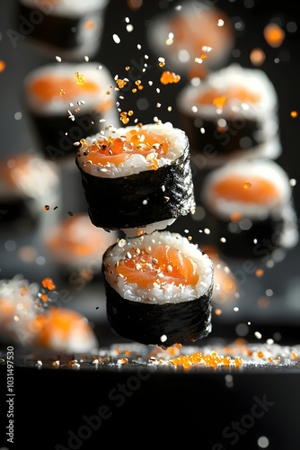 Fresh salmon sushi rolls with sesame seeds and a black background, perfect for a restaurant menu or food blog.