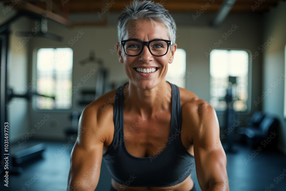 Fitness instructor is smiling at the camera, showcasing her muscular arms and toned physique in a gym setting. Fitness instructor is smiling at the camera, showcasing her muscular arms and toned physique in a gym setting.