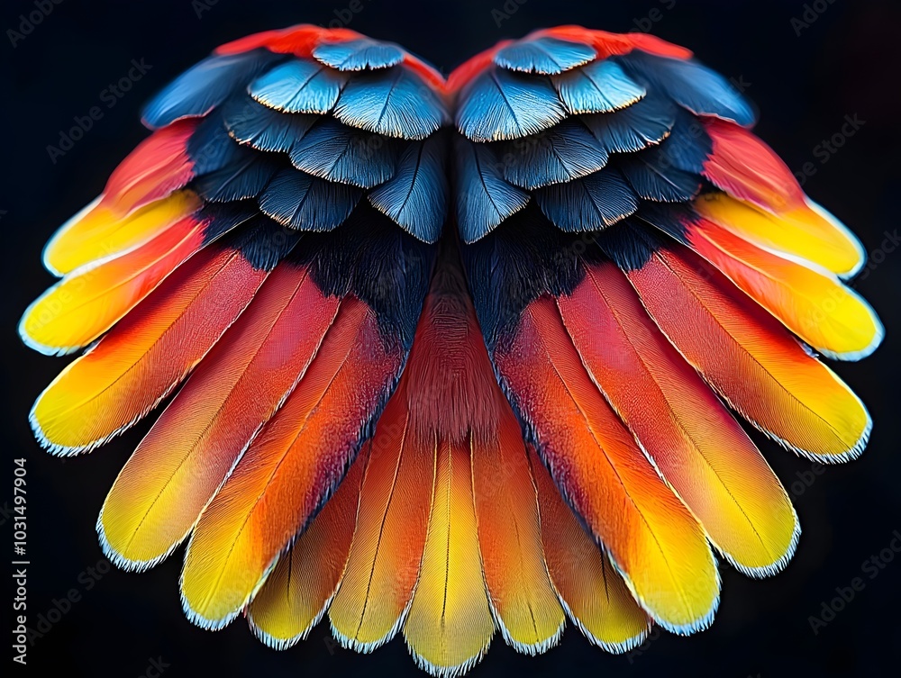 Obraz premium Vibrant bird feathers arranged in a heart shape against a black background, showcasing the beauty of nature's design.