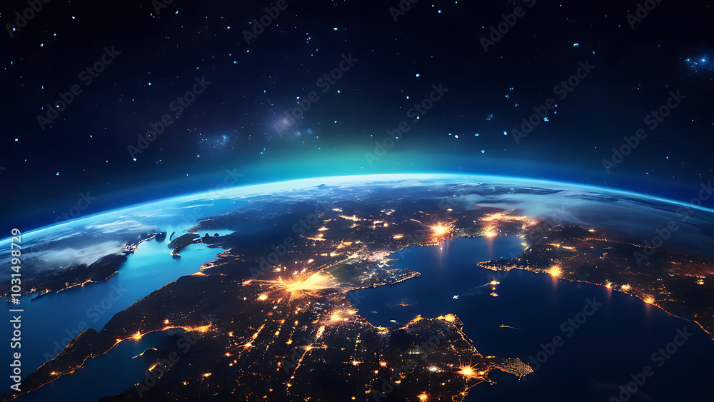 Obraz premium glowing earth from space north america at night with city lights and celestial wonders digital illustration