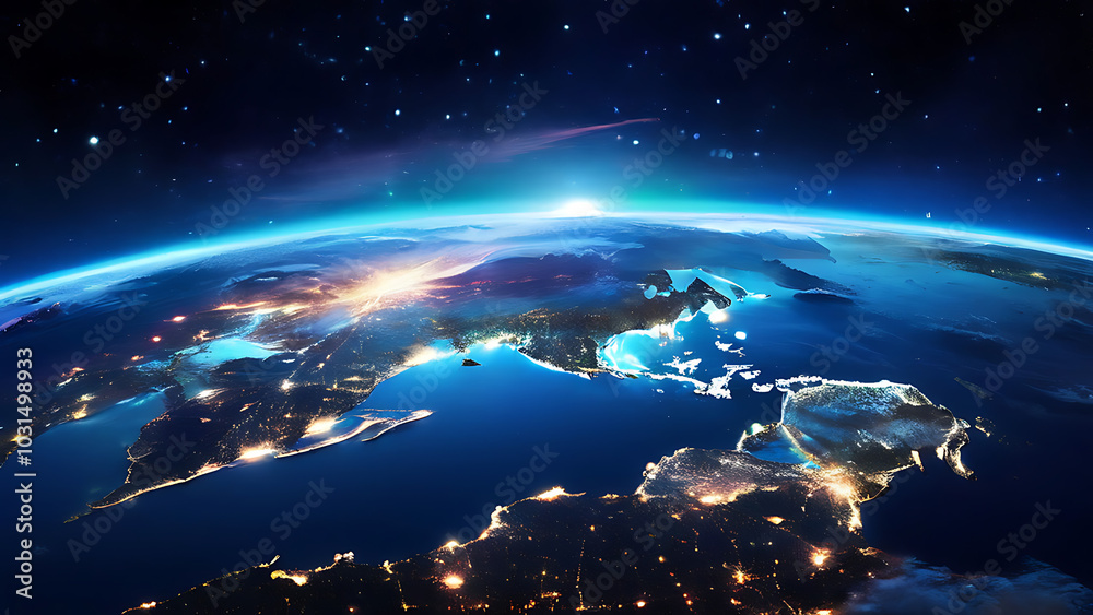 Naklejka premium glowing earth from space north america at night with city lights and celestial wonders digital illustration
