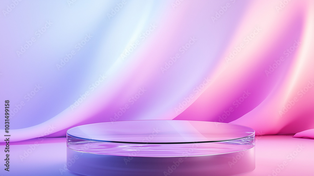 3D Transparent Glass Podium with Pink Curtains in the Background for Product Display. 3D Transparent Glass Podium with Pink Curtains in the Background for Product Display.