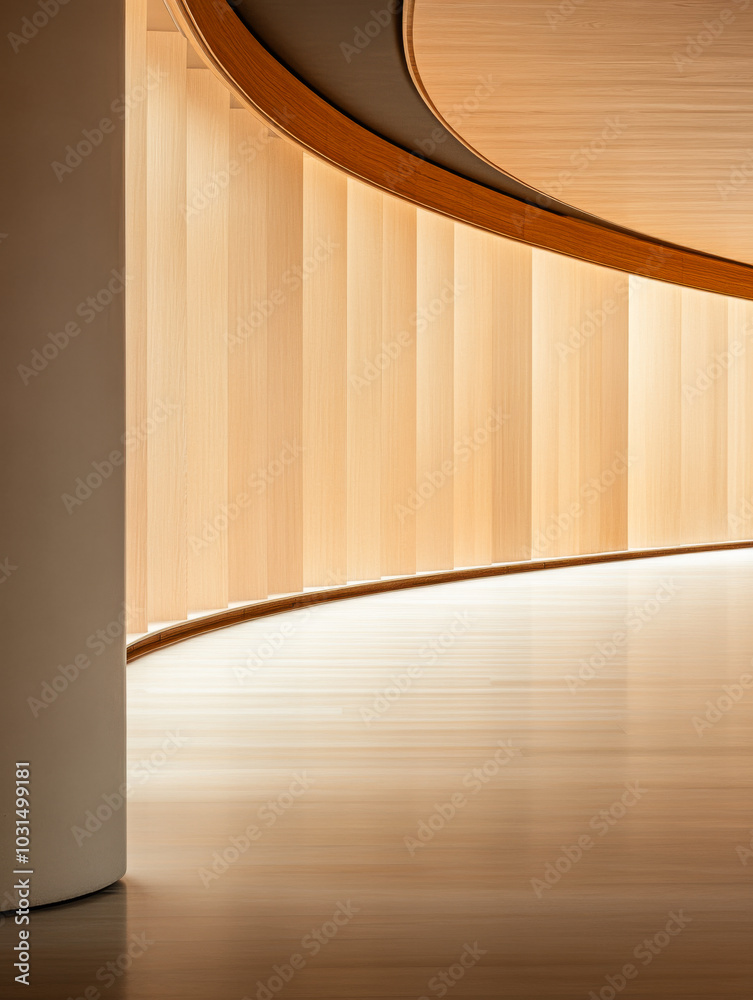 Obraz premium Curved wooden architecture with warm lighting in a modern indoor space during daylight hours