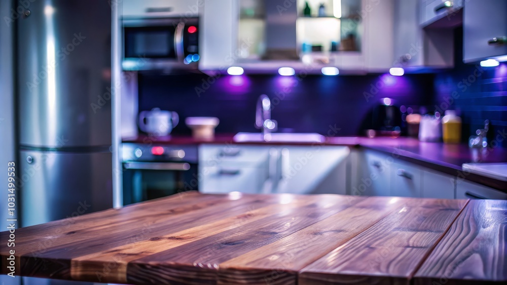 A wooden table set against a softly blurred kitchen setting. A wooden table set against a softly blurred kitchen setting.