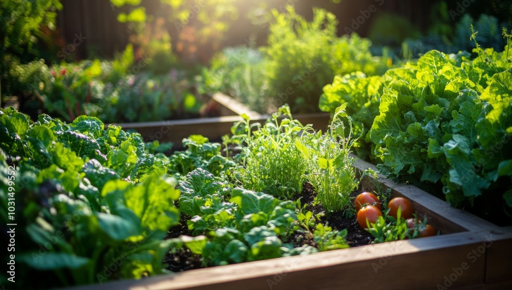 A raised garden bed filled with fresh vegetables and herbs in a backyard garden. A raised garden bed filled with fresh vegetables and herbs in a backyard garden.