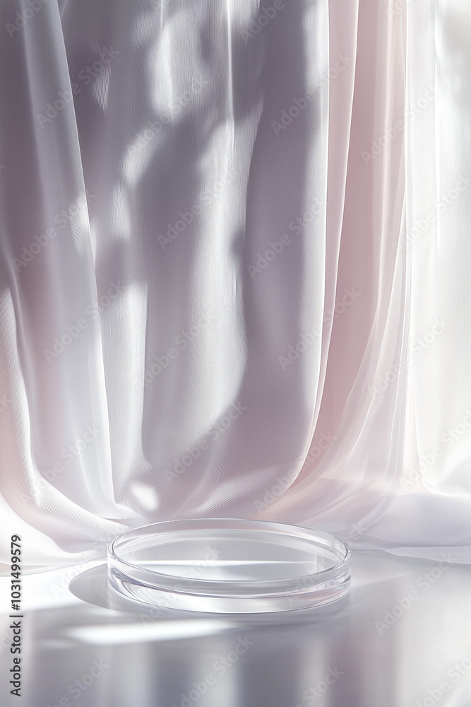 A 3D Transparent Glass Podium on a White Curtain Background for Product Display. A 3D Transparent Glass Podium on a White Curtain Background for Product Display.