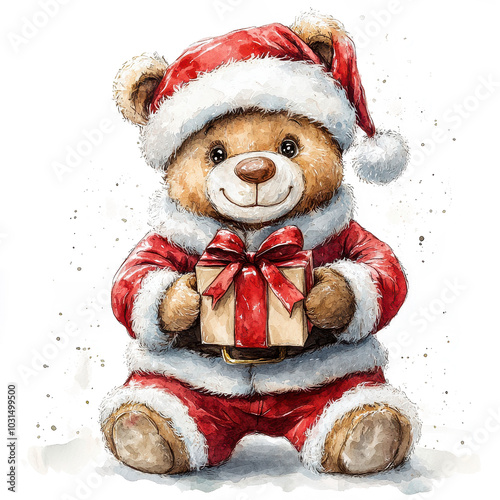 Cute Bear in Christmas Outfit with Gift Box