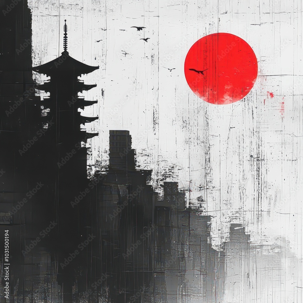 Obraz premium Red Sun Over Cityscape