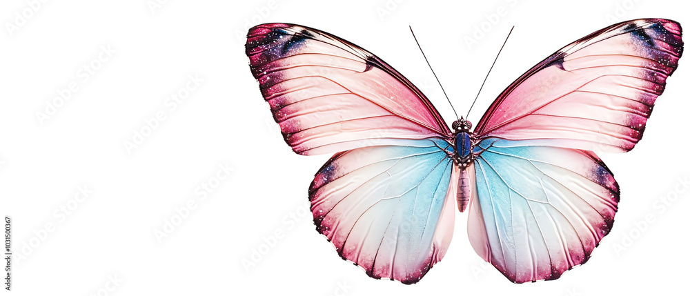 Obraz premium A vibrant and colorful butterfly with pink and blue wings, symbolizing beauty and grace in nature's ecosystem.