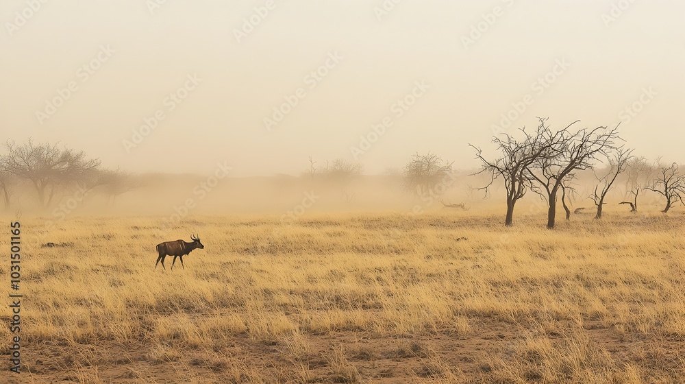 Naklejka premium Withered Grassland Lone Animal Battling Desertification in Muted Tones
