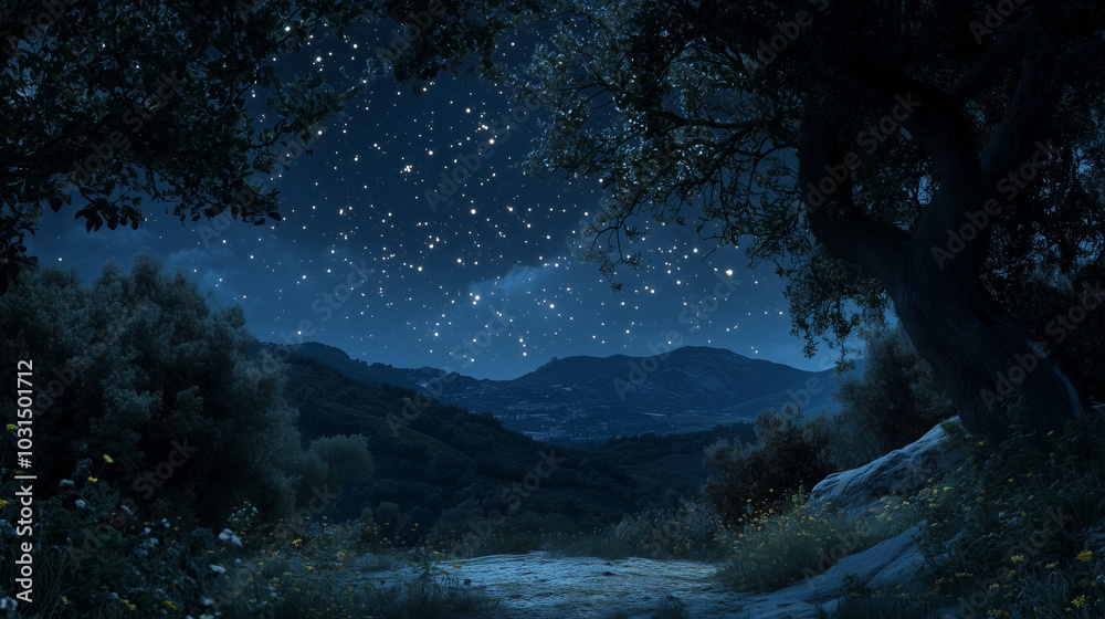 Trees Under a Starry Night Sky. Trees Under a Starry Night Sky.