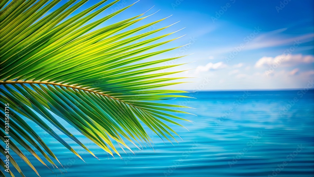 A single palm frond gracefully extends towards the vast expanse of a clear blue ocean, framing a breathtaking seascape beneath a cloud-streaked sky. A single palm frond gracefully extends towards the vast expanse of a clear blue ocean, framing a breathtaking seascape beneath a cloud-streaked sky.
