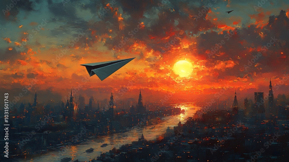 A paper airplane flies over a cityscape at sunset. A paper airplane flies over a cityscape at sunset.