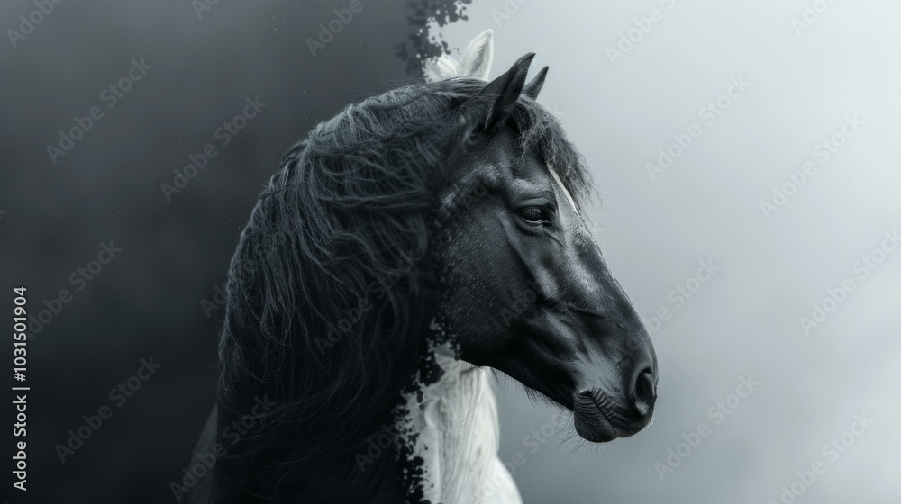 A black horse with white mane and tail in a photo. AI. A black horse with white mane and tail in a photo. AI.