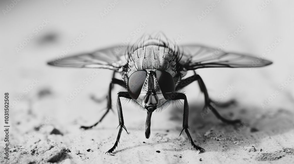 Black and White Fly Macro Photography: Close-up View of Insect Black and White Fly Macro Photography: Close-up View of Insect