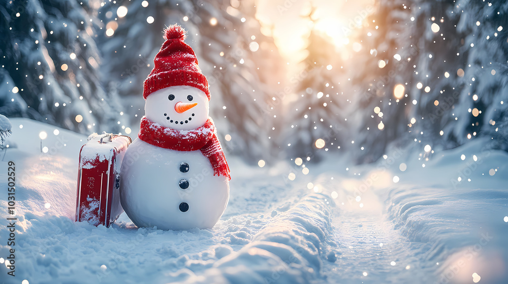 Fototapeta premium Snowman beside a suitcase in snowy landscape with sunlight filtering through trees.