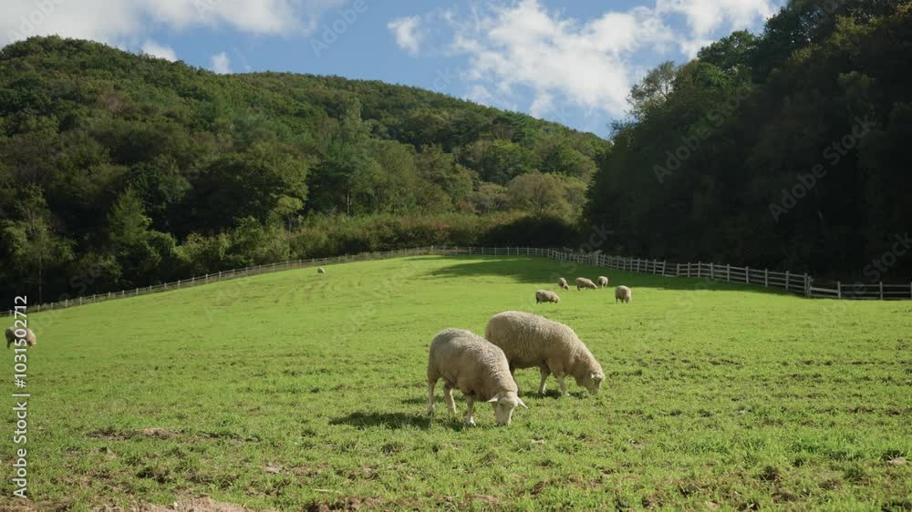Merino Sheep Herd Grazing Grass in Mountain Field with Mounts Covered With Dence Green Forests in Background Merino Sheep Herd Grazing Grass in Mountain Field with Mounts Covered With Dence Green Forests in Background