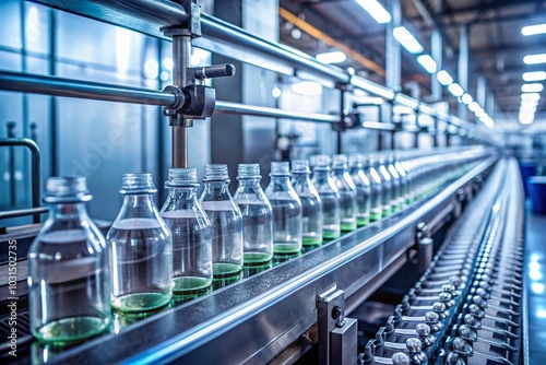 Minimalist Laboratory Bottles on Conveyor Production Line for Modern Manufacturing