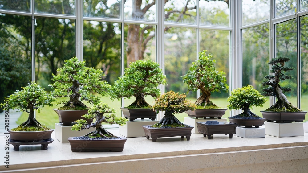 Collection of various bonsai trees displayed in a bright, airy greenhouse. Collection of various bonsai trees displayed in a bright, airy greenhouse.