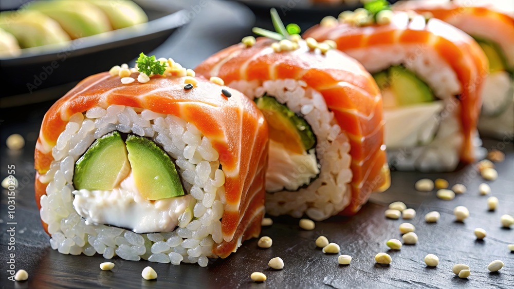 A trio of sushi rolls, meticulously crafted with salmon, avocado, and cream cheese, lie on a black slate plate, surrounded by delicate white sesame seeds. A trio of sushi rolls, meticulously crafted with salmon, avocado, and cream cheese, lie on a black slate plate, surrounded by delicate white sesame seeds.