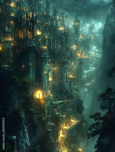 A mystical city built into a cliffside, glowing with warm light from windows and lanterns. The city is shrouded in a mysterious fog, creating an eerie atmosphere.