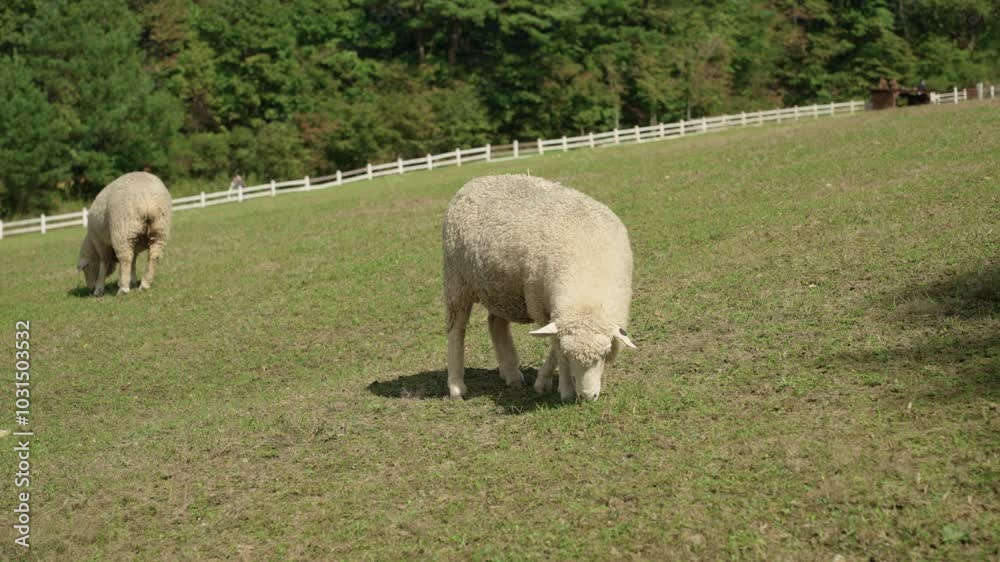Few Merino Sheep Grazing Grass at Ranch Hillside Meadow on Summer Day Few Merino Sheep Grazing Grass at Ranch Hillside Meadow on Summer Day