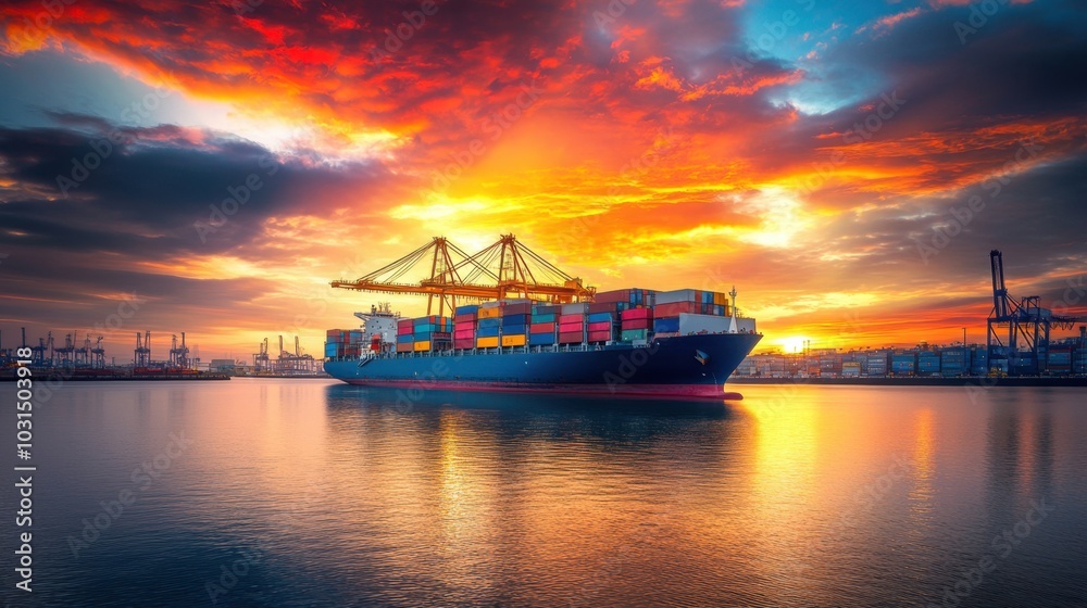 Cargo Ship at Sunset with Golden Sky and Container Cranes Cargo Ship at Sunset with Golden Sky and Container Cranes