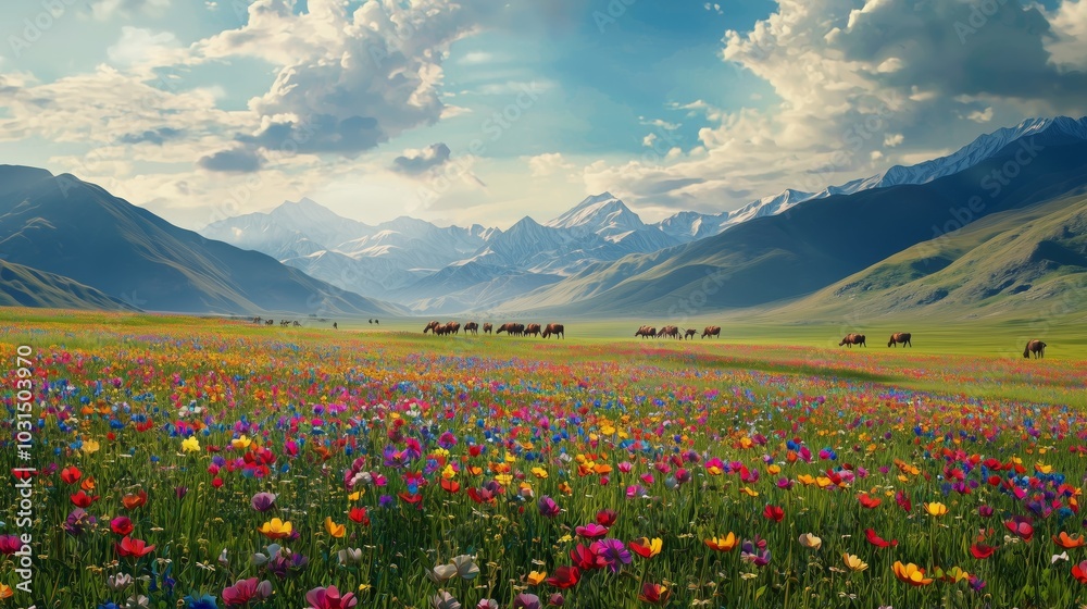 Obraz premium Vibrant Meadow in Afghan Highlands Under Blue Sky