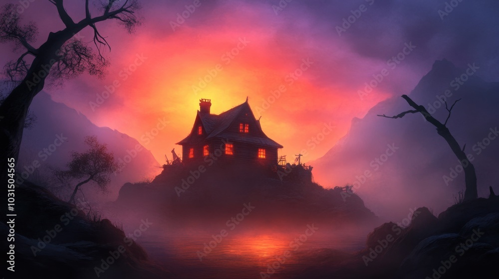 Obraz premium Mysterious Cabin on a Foggy Lake at Sunset