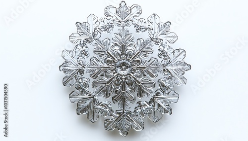 Beautifully detailed snowflake with complex patterns, isolated on a pristine white background, highlighting the artistry of nature