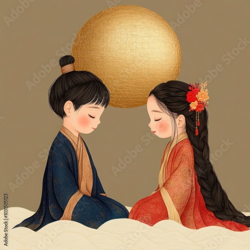 Chinese Valentine's Day - Tanabata or Qixi Festival Vector Illustration Celebrating the Annual Meeting of Cowherd and Weaver Girl on 7th Day of 7th Month photo