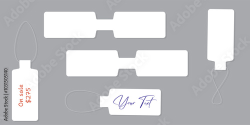 Self-adhesive paper jewelry price tag. Blank price label. White sticker to indicate the expiration date. Vector illustration isolated on gray background.