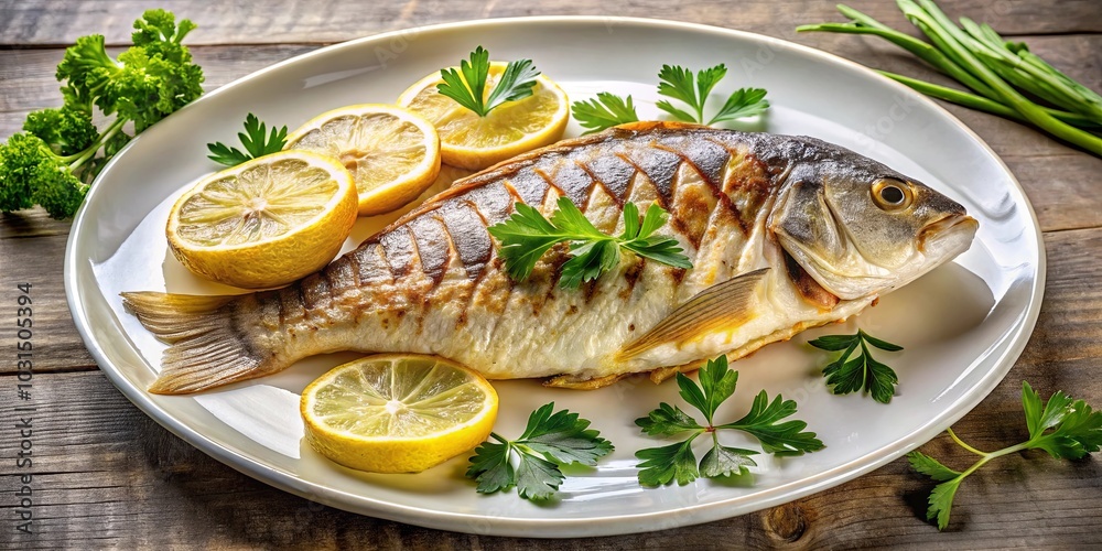 A Whole Grilled Fish on a White Plate with Lemon Slices and Parsley Sprigs on a Wooden Background A Whole Grilled Fish on a White Plate with Lemon Slices and Parsley Sprigs on a Wooden Background