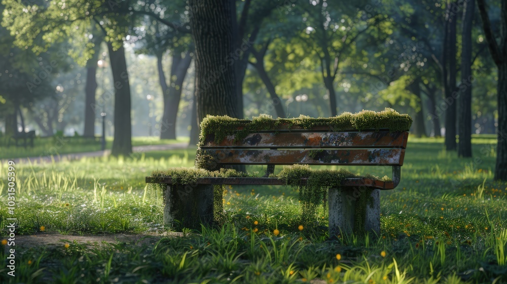 Serene Park Bench Surrounded by Lush Greenery Serene Park Bench Surrounded by Lush Greenery