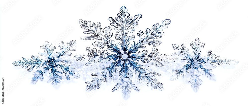 Closeup of a snowflake with elaborate textures, isolated on a bright white background, illustrating the beauty and complexity of nature Closeup of a snowflake with elaborate textures, isolated on a bright white background, illustrating the beauty and complexity of nature