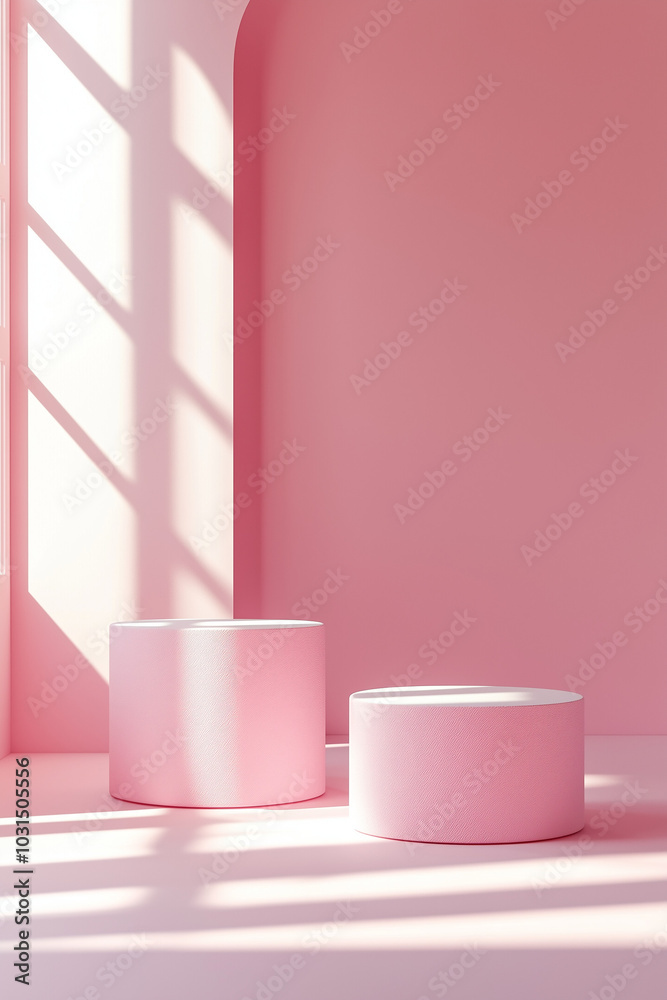 Pink Podiums on a Pink Background with Overlay Shadow from the Window. Pink Podiums on a Pink Background with Overlay Shadow from the Window.