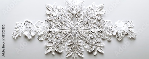 Closeup of a uniquely formed snowflake set against a pure white canvas, highlighting the exquisite beauty and artistry of nature