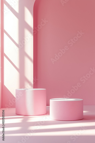 Pink Podiums on a Pink Background with Overlay Shadow from the Window.