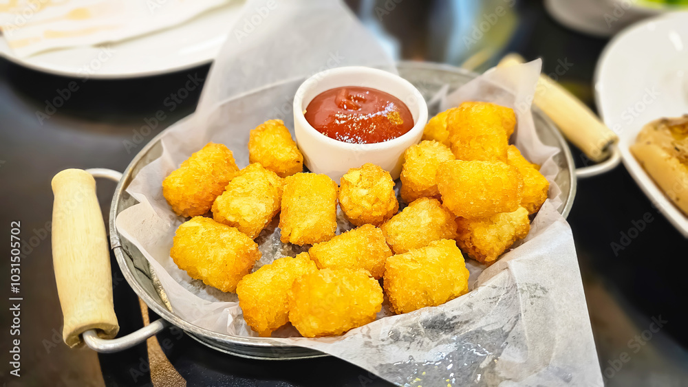 An appetizing image of crispy hash browns. Crispy Hash Browns with ketchup. An appetizing image of crispy hash browns. Crispy Hash Browns with ketchup.