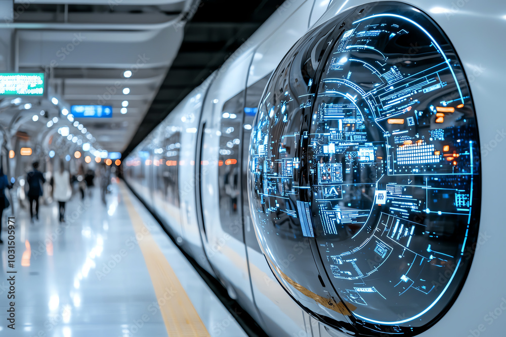 Fototapeta premium Futuristic train interior showcasing advanced technology and transportation innovation, ideal for tech enthusiasts.