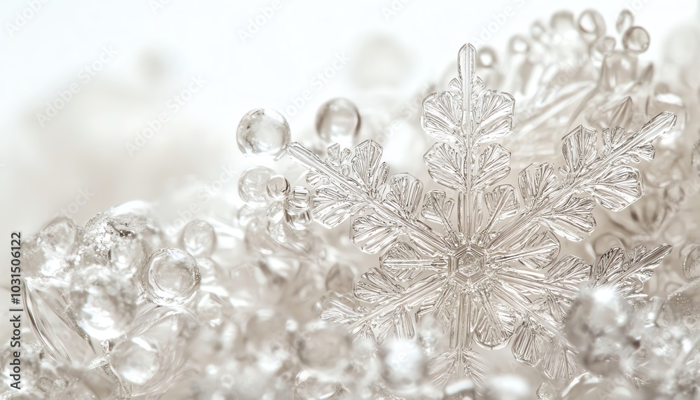 Detailed closeup of a snowflake, highlighting its unique and intricate designs against a smooth white background, capturing natures beauty