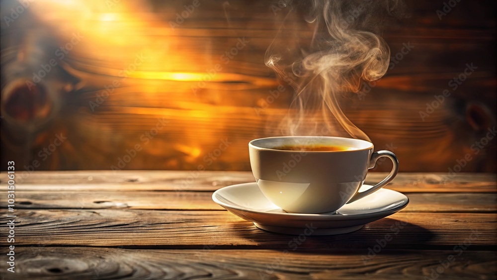 Obraz premium A steaming cup of tea on a rustic wooden table with warm, natural light shining through the background.